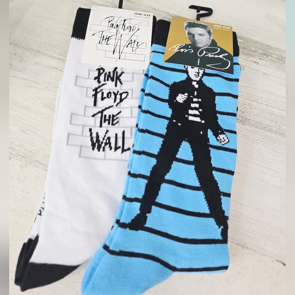 2 Pairs Elvis Presley & Pink Floyd Unisex Crew Socks Bundle